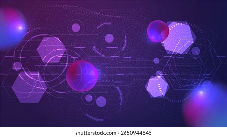 Fundo de tecnologia abstrato com partículas brilhantes, hexágonos, esferas 3D e padrões de fluxo neural. Ideal para IA, computação quântica ou visuais de ciência de dados.