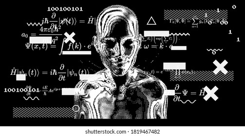 Abstract technology background with formulas and human silhouette. Conceptual illustration of Artificial intelligence, Cryptography and Cyber Security.