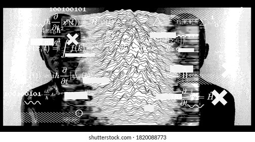 Abstract technology background with formulas and human silhouette. Conceptual illustration of Artificial intelligence, Cryptography and Cyber Security.