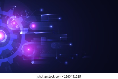 Abstract technology background. Futuristic glowing gears on dark backdrop. Hi-tech concept with bright connections. Modern circuit with spinning elements. Digital innovation. Vector illustration.