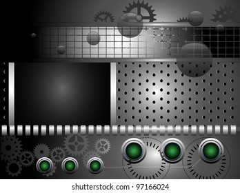 Abstract technology background with gears, green buttons and various black elements