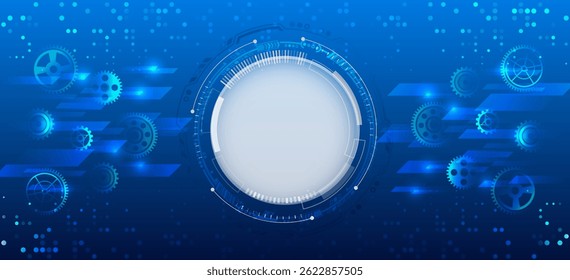 Fundo de tecnologia abstrato com engrenagens e elementos mecânicos em um fundo de gradiente azul. Este design futurista simboliza automação, inovação, engenharia e tecnologia industrial.