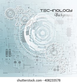 Abstract technology background with gears on the motherboard. Vector illustration.