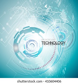 Abstract technology background with gears on the motherboard. Vector illustration.
