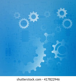 Abstract technology background with gears on the motherboard. Vector illustration.