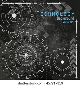  Abstract technology background with gears on chalk board.