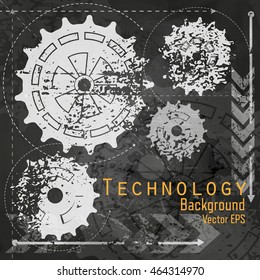  Abstract technology background with gears on chalk board.