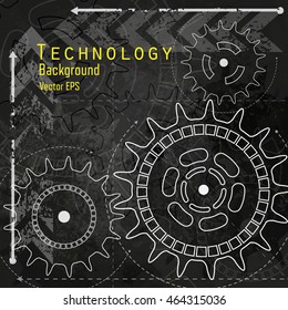  Abstract technology background with gears on chalk board.
