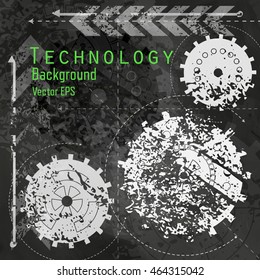  Abstract technology background with gears on chalk board.