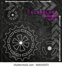  Abstract technology background with gears on chalk board.