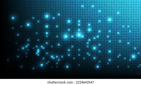 Abstract technology background with geometric texture and grid pattern with lighting glowing particles square elements on dark blue background. Vector illustration. 