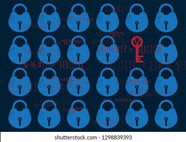 Abstract Technology background global network security lock. System privacy in blue with lock and key. Technology security concept. Cyber lock antivirus vector illustration. 