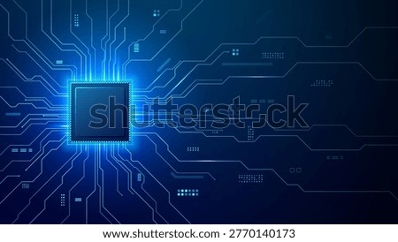 Abstract technology background with glowing AI chip and circuit lines. Digital semiconductor with artificial intelligence symbol and modern IT concept.