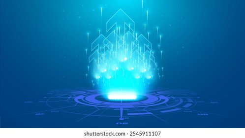 Resumo da tecnologia com setas brilhantes e elementos HUD, representando o crescimento de dados e o avanço digital. Ilustração vetorial