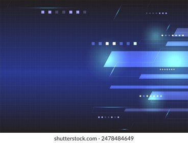 Abstract technology background with glowing blue geometric shapes and lines on a dark blue background illustration vector.