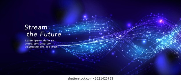 Abstract technology background with glowing blue and purple curved lines. Dynamic data flow, digital motion, and futuristic light particles. Perfect for tech, AI, or innovation concepts.