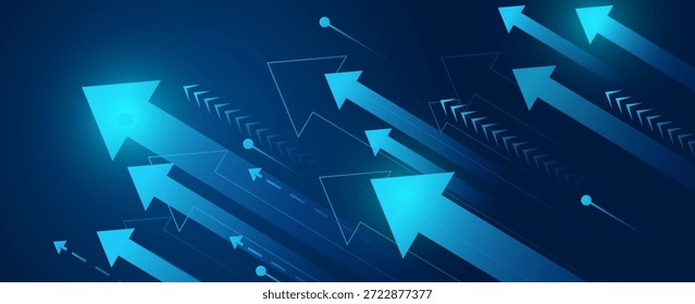 Fundo de tecnologia abstrato com setas azuis brilhantes movendo-se para cima. Conceito de crescimento, sucesso, progresso, inovação e transformação digital.