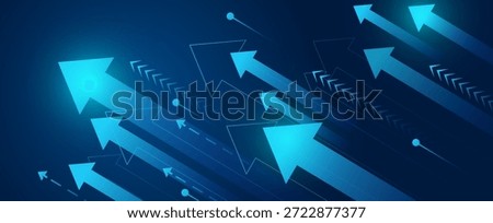 Abstract technology background with glowing blue arrows moving upwards. Concept of growth, success, progress, innovation, and digital transformation.