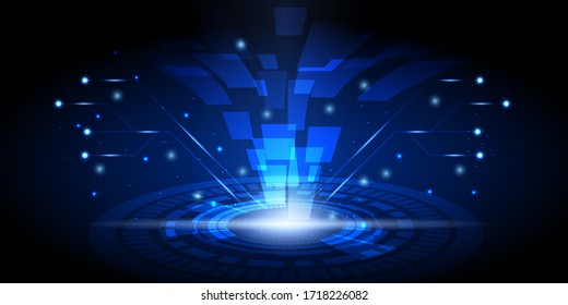 Abstract technology background with glowing circuit pattern, hi-tech style circle and blue sparkle effect.