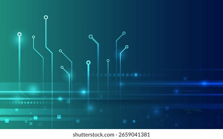 Abstract technology background with glowing circuit lines and binary grid in blue-green gradient. Ideal for digital innovation, high-tech systems, and futuristic network themes.