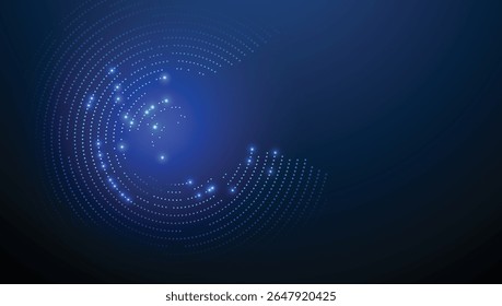 Abstract technology background with glowing circular dots and radial digital wave effects on a deep blue gradient backdrop. Perfect for data, AI, tech, communication, or futuristic design themes.

