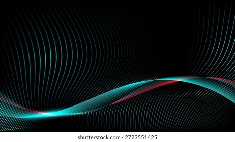 Abstrakter Technologiehintergrund mit leuchtenden Cyan-Wellen-Linien und digitalem Datennetz auf dunkler Mesh-Oberfläche für futuristische Tech-Konzepte