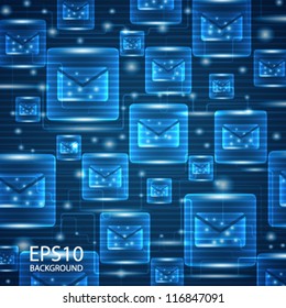 Abstract technology background with glowing envelope signs. Communication concept.  Vector illustration.
