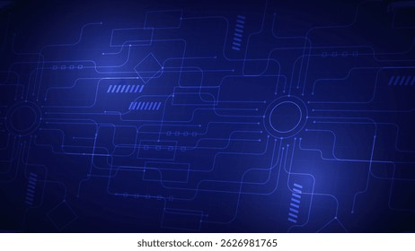 Resumo da tecnologia com linhas de fluxograma, circuitos e nós de caminhos de dados brilhantes em uma grade azul-escura, ideal para IA, automação e visualização do sistema.