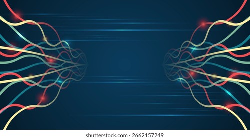 Fundo de tecnologia abstrato com linhas curvas multicoloridas brilhantes em um fundo azul escuro. Ideal para conceitos de rede, fluxo de dados ou comunicação digital.