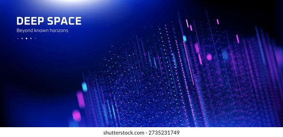 Abstract technology background with glowing purple and blue particles. Digital array motion graphic design for data visualization concept.