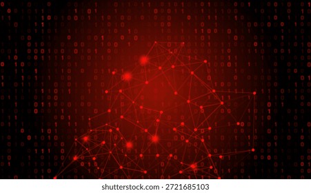 Fondo de tecnología Abstractas con red de plexo rojo brillante y flujo de código binario. Concepto digital de ciberseguridad, big data y comunicación. Números 0, 1.