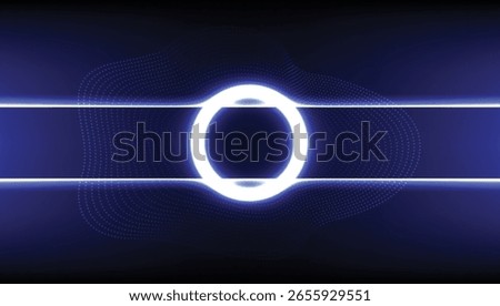 Abstract technology background with glowing white neon circle and horizontal lines on dark blue background with subtle data points. Ideal for themes of futuristic tech, digital connection, innovation.