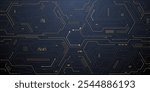 Abstract technology background. Gold circuit lines and connected dots on dark tech bg. Futuristic electronics concept. AI chip or semiconductor on a computer motherboard. Digital vector illustration.