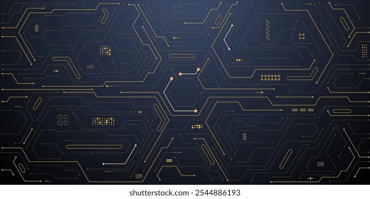 Abstract technology background. Gold circuit lines and connected dots on dark tech bg. Futuristic electronics concept. AI chip or semiconductor on a computer motherboard. Digital vector illustration.