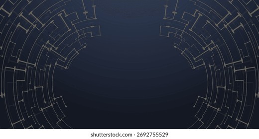 Abstract technology background. Gold circuit lines and connected dots on dark tech bg. Futuristic electronics concept. AI chip or semiconductor on a computer motherboard. Digital vector illustration.