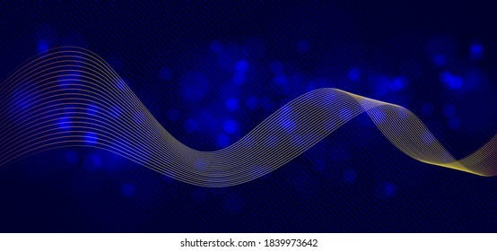 Abstract technology background with golden dynamic waves, lines and particles. Bokeh light on blue background. Vector illustration. Vector editable