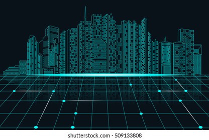 Abstract Technology Background;  Graphic Of Lined Building In Matrix Style; Concept Of Digital City