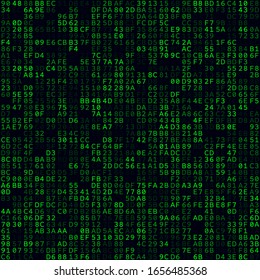 Abstract Technology Background. Green filled hexadecimal pairs background. Medium sized seamless pattern. Superb vector illustration.