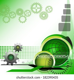 Abstract technology background with green sphere, gears and futuristic elements