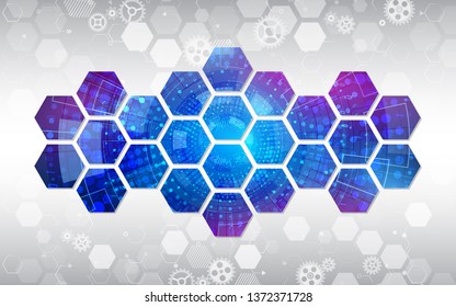 Abstract technology background with hexagons and gear wheels, hi-tech elements. Cybernetic circuit board vector illustration