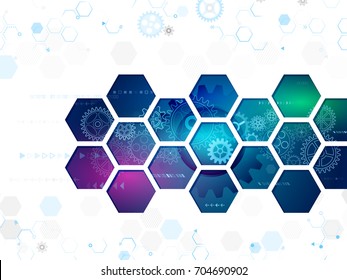 Abstract technology background with hexagons and gear wheels. Hi-tech vector illustration