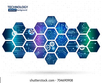 Abstract technology background with hexagons and gear wheels. Hi-tech circuit board vector illustration