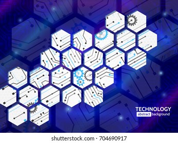 Abstract technology background with hexagons and gear wheels. Hi-tech circuit board vector illustration