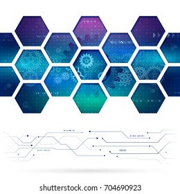 Abstract technology background with hexagons and gear wheels. Hi-tech circuit board vector illustration