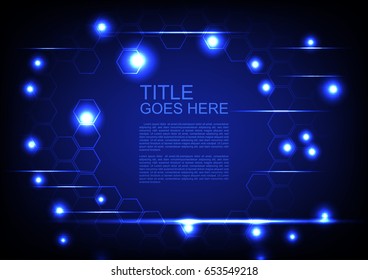 Abstract technology background hexagons on dark blue background and blue glowing light