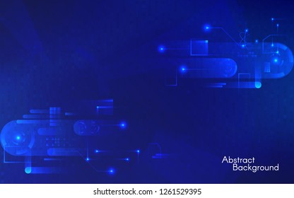 Abstract technology background. Hi-tech concept on blue backdrop. Futuristic composition with geometric elements. Glowing data connections. Bright gears and components. Trendy vector illustration.