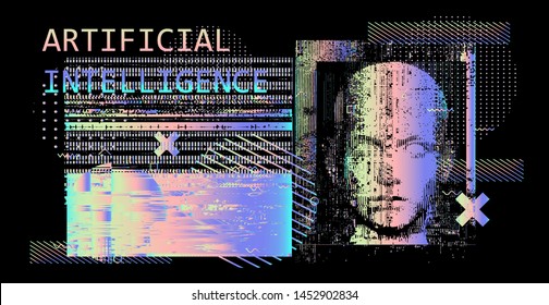 Abstract technology background with human face mask and glitch art elements. Conceptual vector illustration for AI (artificial intelligence), Face recognition, mechatronics and robotics topics.