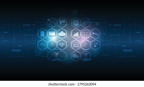 Resumen de los antecedentes tecnológicos Ilustración. Antecedentes del concepto de comunicación innovador de alta tecnología, Fondo azul digital de ciencia y tecnología.