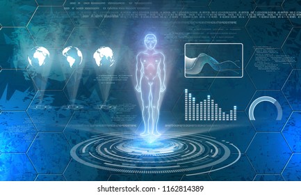 Abstract technology background. Including futuristic glowing cyber interface elements and man hologram.Used a clipping mask.