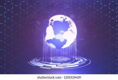 Abstract technology background. Including futuristic glowing cyber interface and earth hologram.Used a clipping mask.
